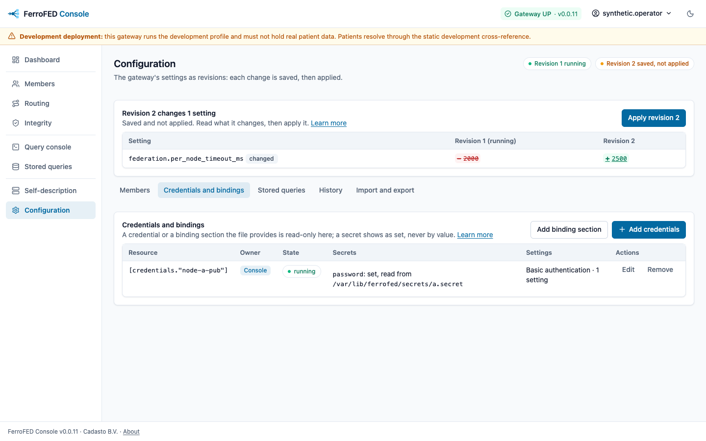 The Credentials and bindings tab: the console’s credentials of node-a-pub, running, with its password set and read from a file, never shown by value.