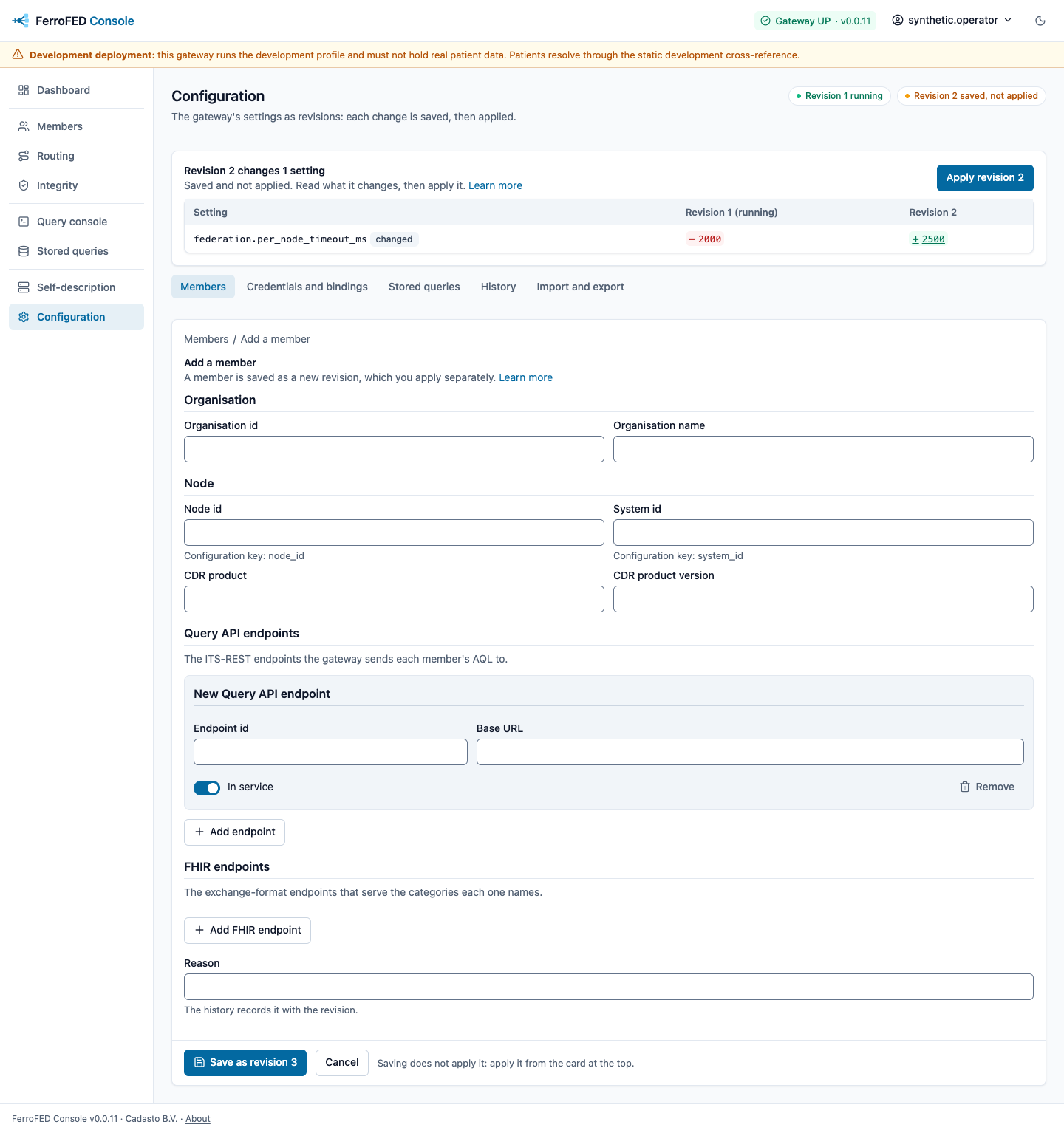 The member form: the organisation, the node with its system_id and CDR product, one Query API endpoint row, the buttons that add a Query API or a FHIR endpoint, a reason, and Save as revision 3.