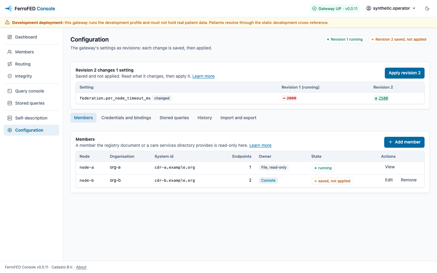 The Members tab of the configuration page: node-a read-only from the file and node-b a console member saved and not applied, under the card that shows what the saved revision 2 changes.